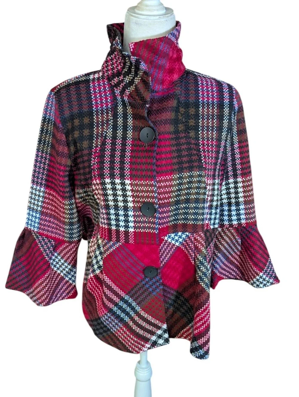 New Plaid Ruffle Bell Sleeves Button Front Jacket BlazerRed/Black NWT Sz S